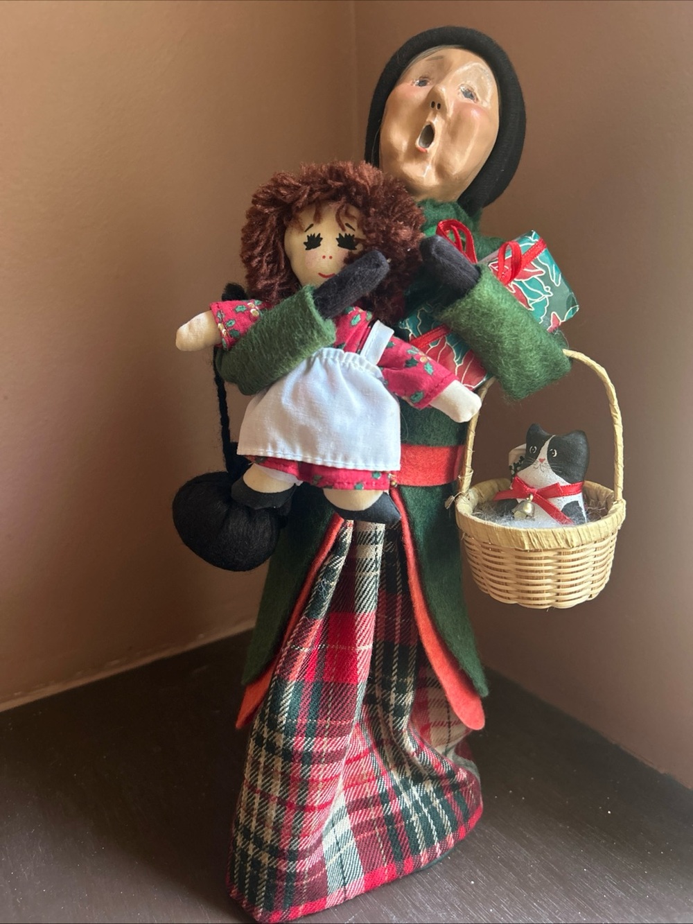 Holiday Caroler Figurine with Doll and Cat Basket - Green and Red